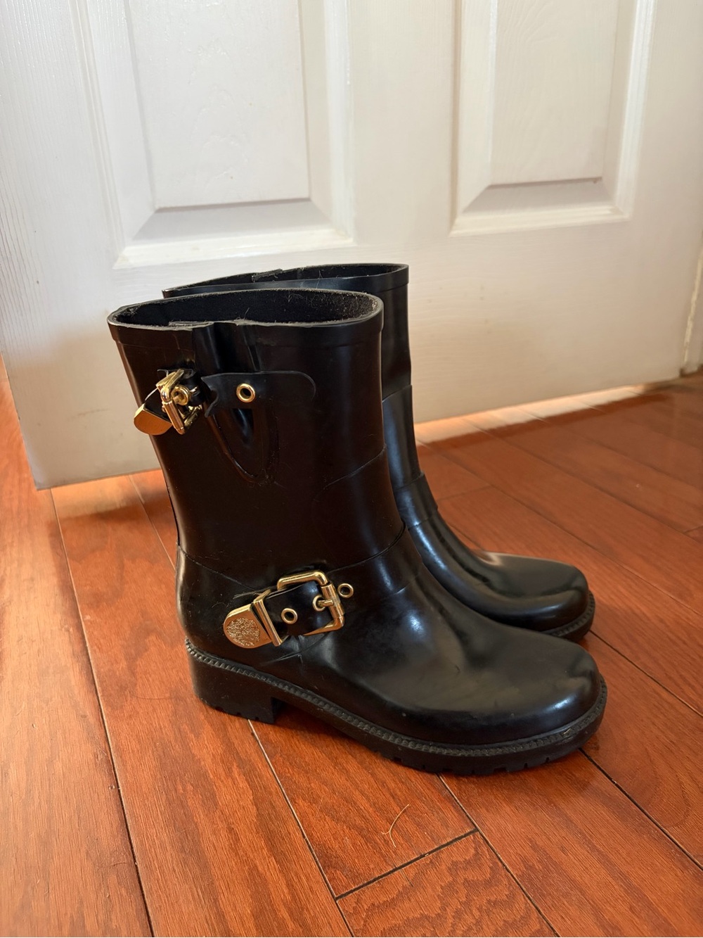 Vince Camuto Black Rain Boots with Gold Buckles